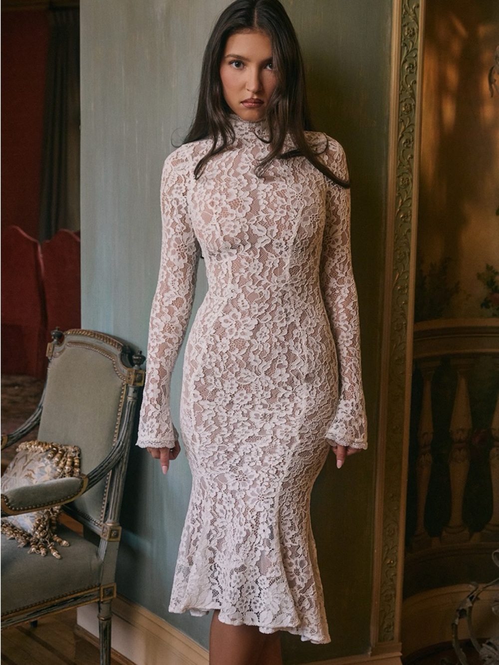 HOUSE OF CB 'Sophia' Vintage Ivory Lace Fitted Midi Dress NWOT